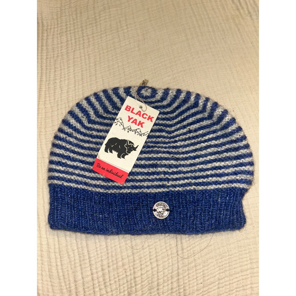 Black Yak Handmade Wool Beanie Blue Grey Striped Fleece Lined Fair Trade Hat